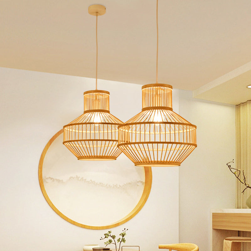Modern Beige Ceiling Lamp With Round Bamboo Shade - 1 Light Dining Room Pendant