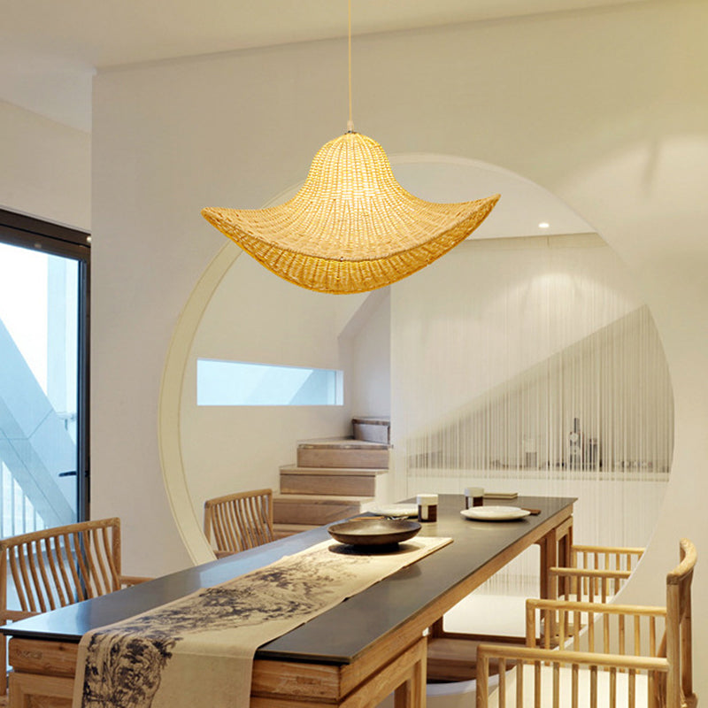 Modern Bamboo Hanging Pendant Lamp For Dining Room - Beige Cap Shape 1 Light