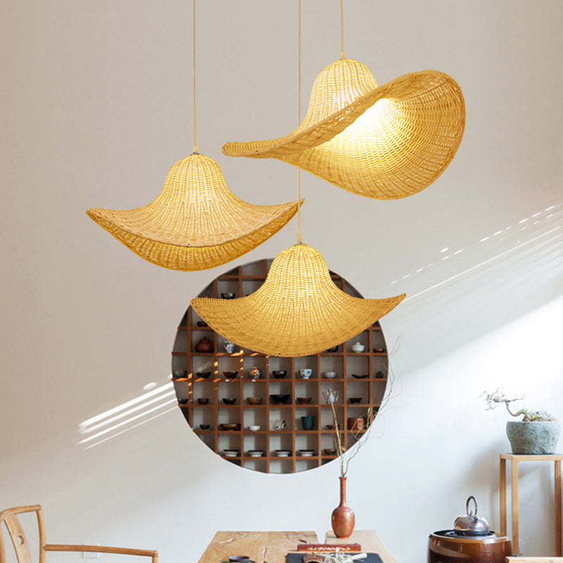 Modern Bamboo Hanging Pendant Lamp For Dining Room - Beige Cap Shape 1 Light