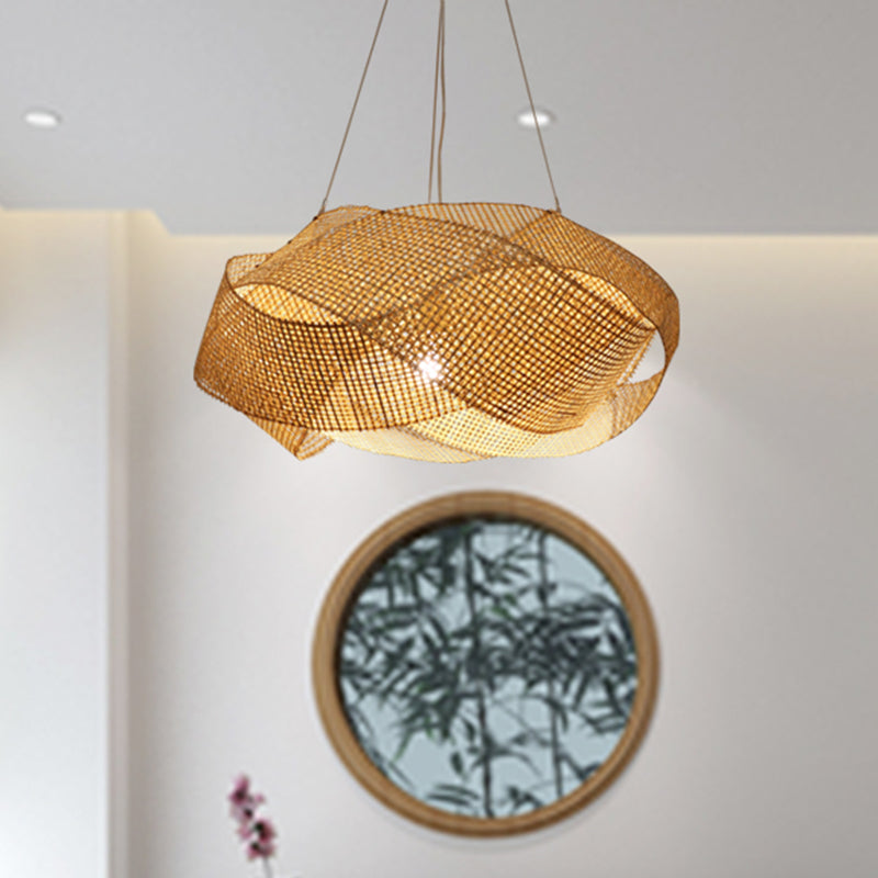 Modern Twist 16/19.5 Bamboo Pendant Light In Beige 1-Light Hanging Fixture