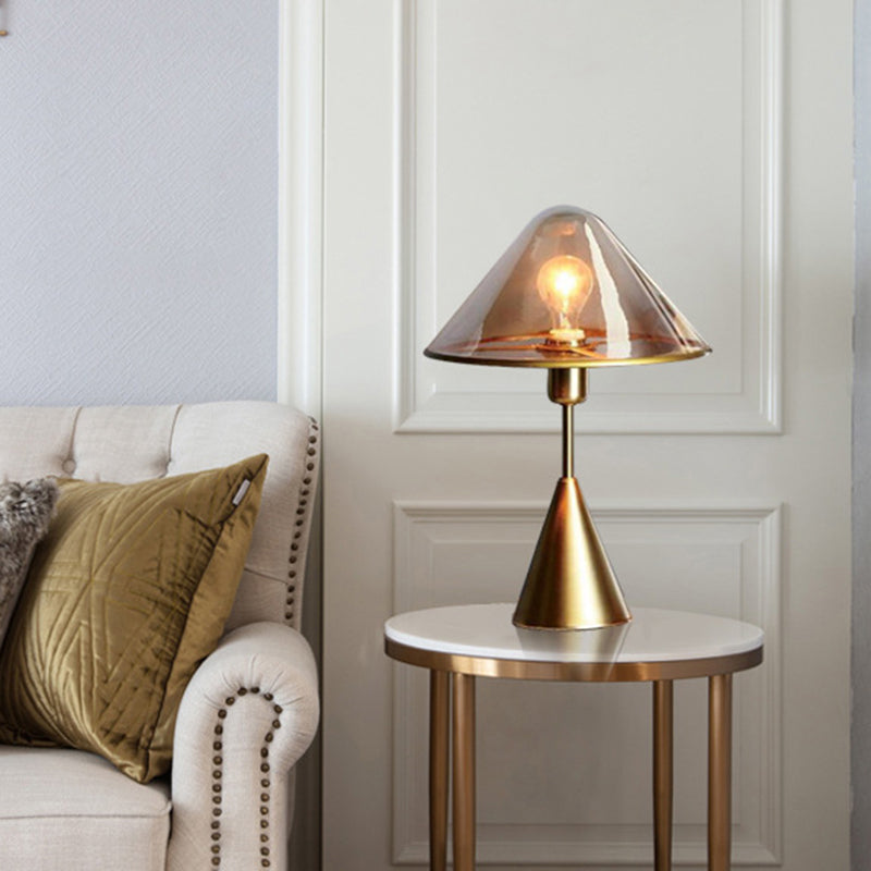 Modern Gold Table Lamp With Conical Amber Glass Shade - Ideal For Living Room Tasks