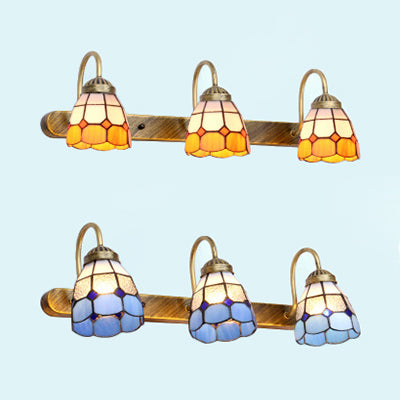 Yellow/Blue Tiffany Glass Vanity Sconce Light For Bathroom - 3 Head Wall Mounted Grid Pattern Design
