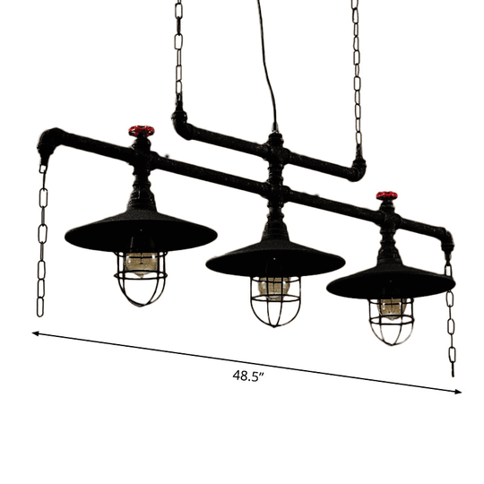 Steampunk Black Iron Hanging Light With Cage And Chain - 2/3 Heads Saucer Island Fixture