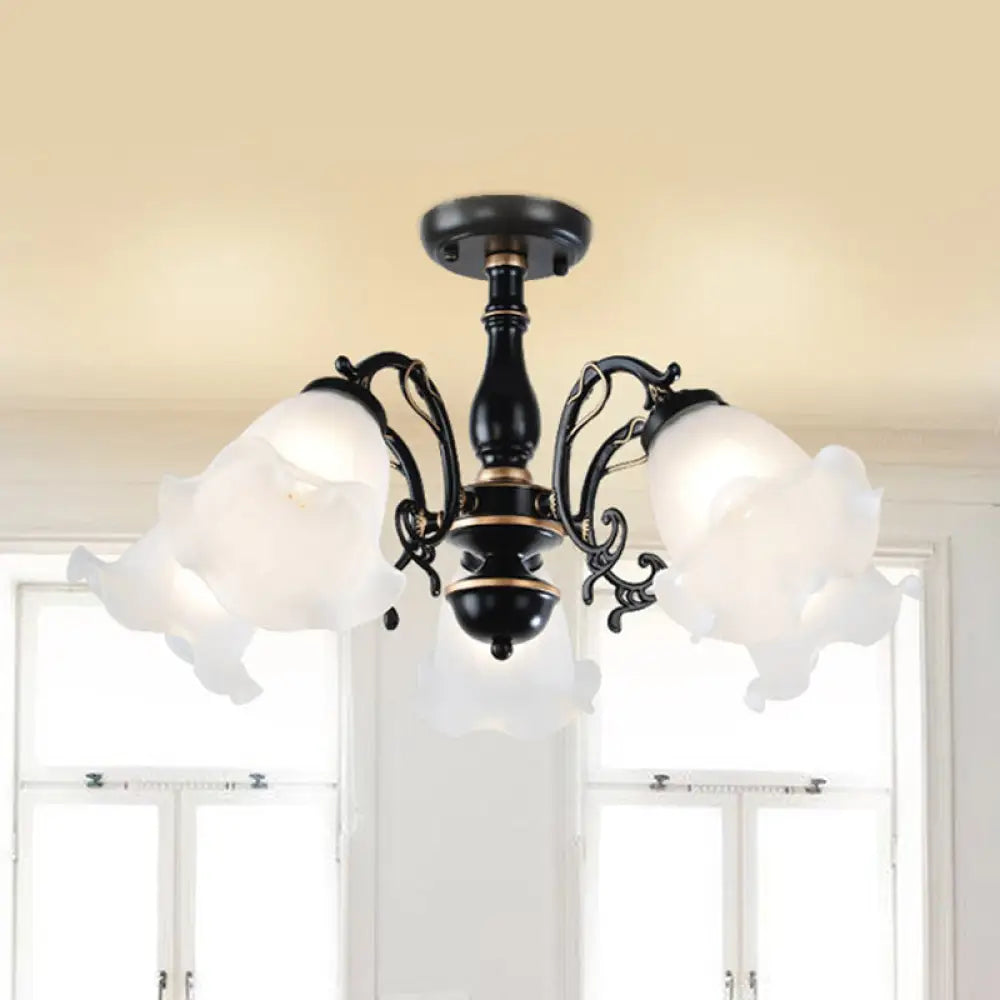 3/5 - Light Floral Semi - Flush Ceiling Light - Countryside White/Black Finish With Cream Glass 5 /