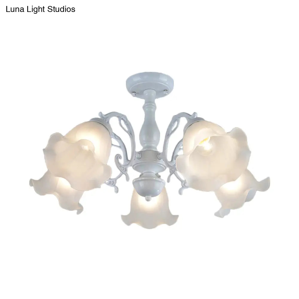 3/5 - Light Floral Semi - Flush Ceiling Light - Countryside White/Black Finish With Cream Glass