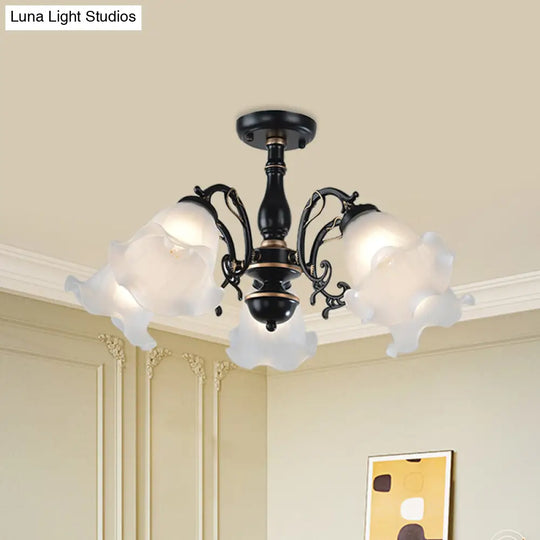 3/5 - Light Floral Semi - Flush Ceiling Light - Countryside White/Black Finish With Cream Glass