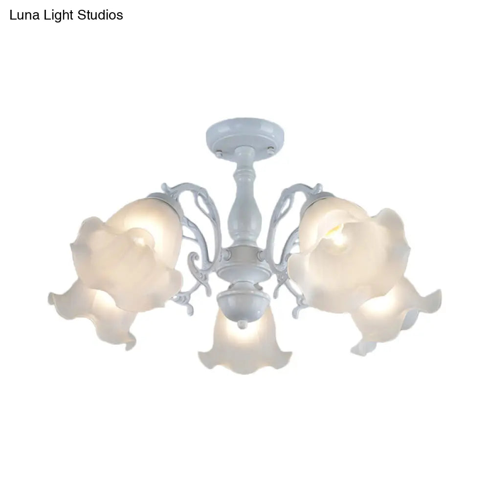 3/5-Light Floral Semi-Flush Ceiling Light - Countryside White/Black Finish With Cream Glass