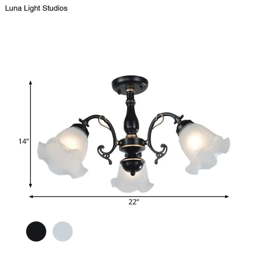 3/5-Light Floral Semi-Flush Ceiling Light - Countryside White/Black Finish With Cream Glass