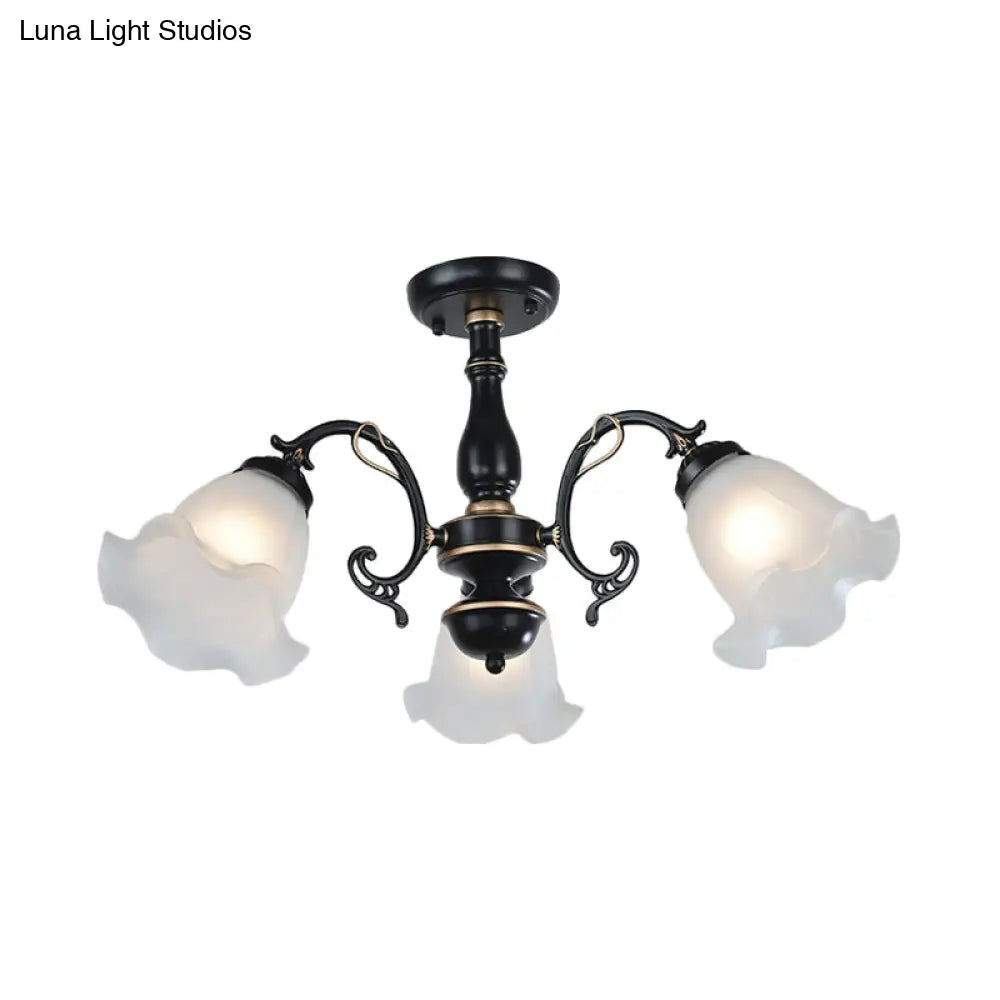 3/5 - Light Floral Semi - Flush Ceiling Light - Countryside White/Black Finish With Cream Glass