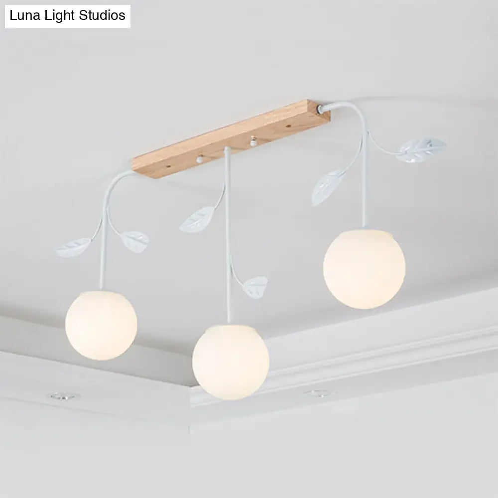 3/5 Light Orb Island Ceiling Lamp With Milky Glass & Wooden Canopy - Modern Simple Design