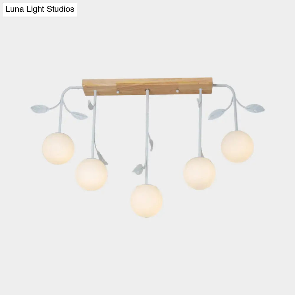 3/5 Light Orb Island Ceiling Lamp With Milky Glass & Wooden Canopy - Modern Simple Design