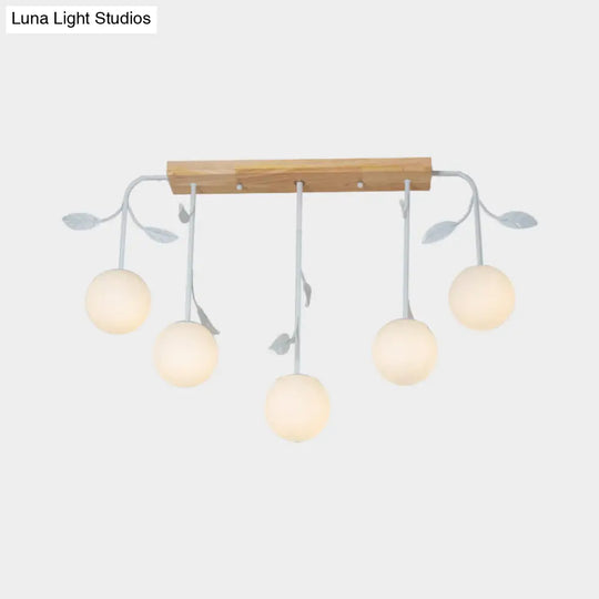 3/5 Light Orb Island Ceiling Lamp With Milky Glass & Wooden Canopy - Modern Simple Design