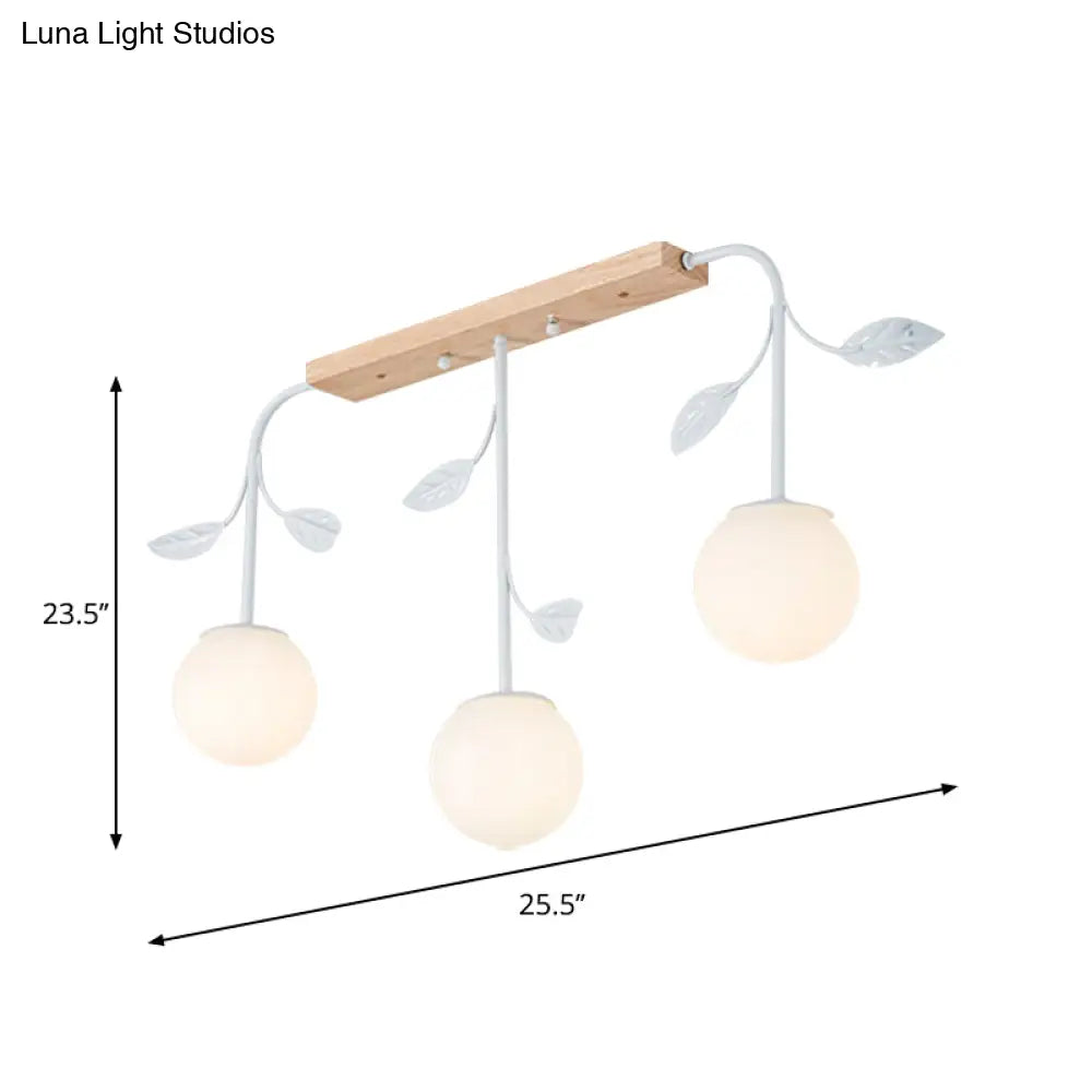 3/5 Light Orb Island Ceiling Lamp With Milky Glass & Wooden Canopy - Modern Simple Design