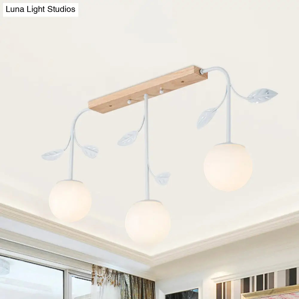 3/5 Light Orb Island Ceiling Lamp With Milky Glass & Wooden Canopy - Modern Simple Design