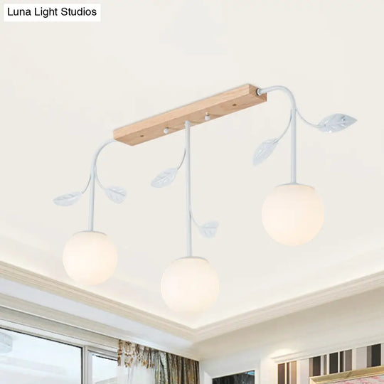 3/5 Light Orb Island Ceiling Lamp With Milky Glass & Wooden Canopy - Modern Simple Design