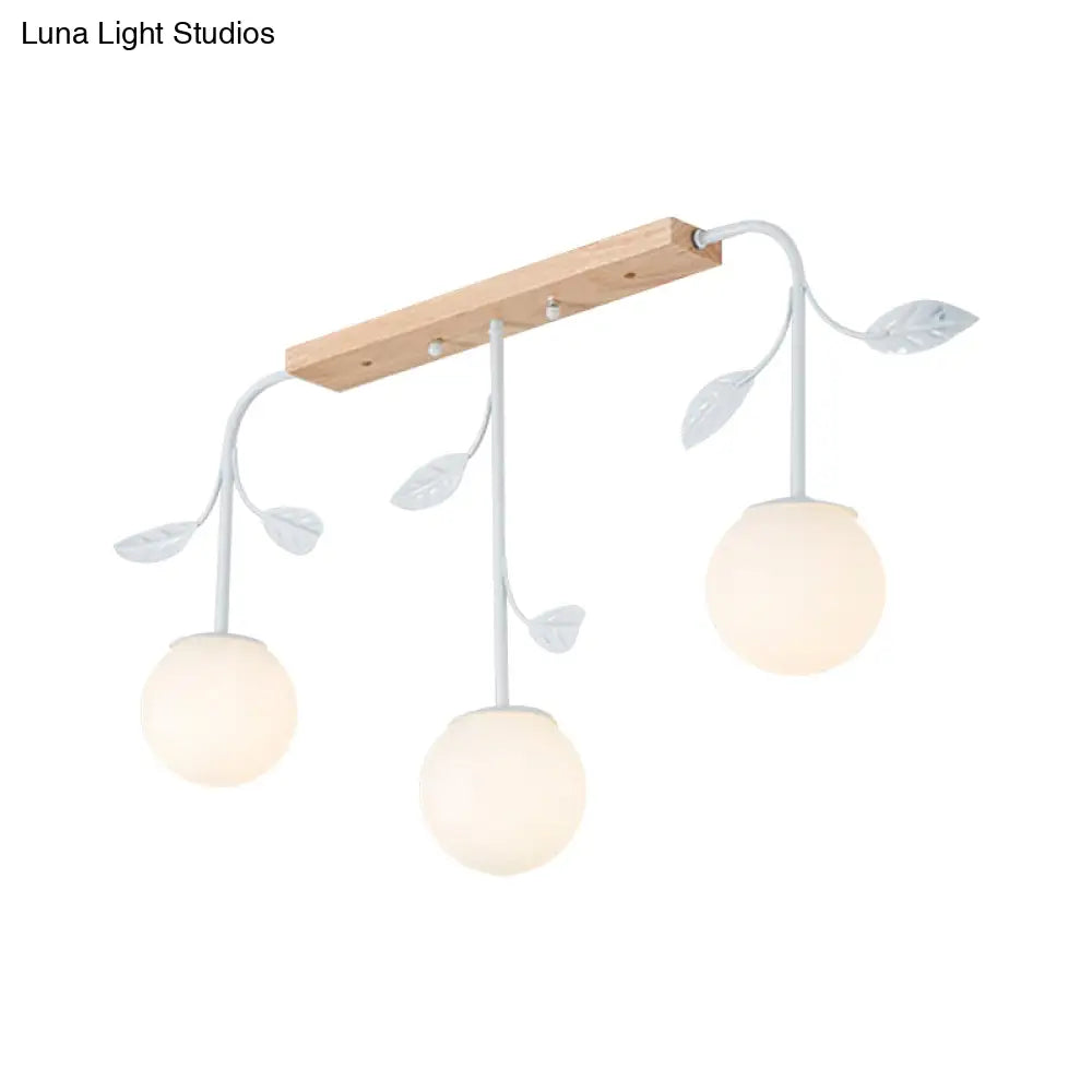 3/5 Light Orb Island Ceiling Lamp With Milky Glass & Wooden Canopy - Modern Simple Design