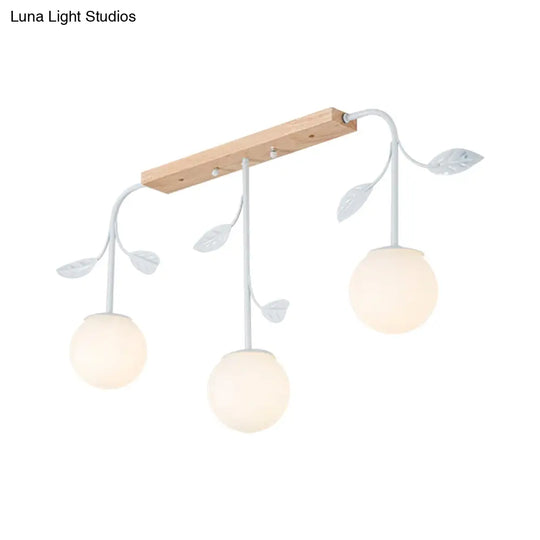 3/5 Light Orb Island Ceiling Lamp With Milky Glass & Wooden Canopy - Modern Simple Design