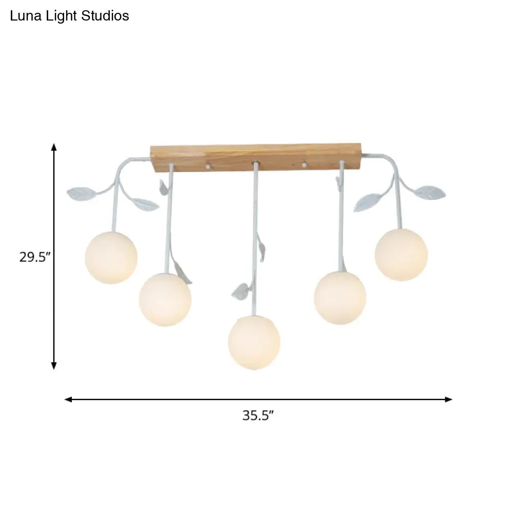 3/5 Light Orb Island Ceiling Lamp With Milky Glass & Wooden Canopy - Modern Simple Design