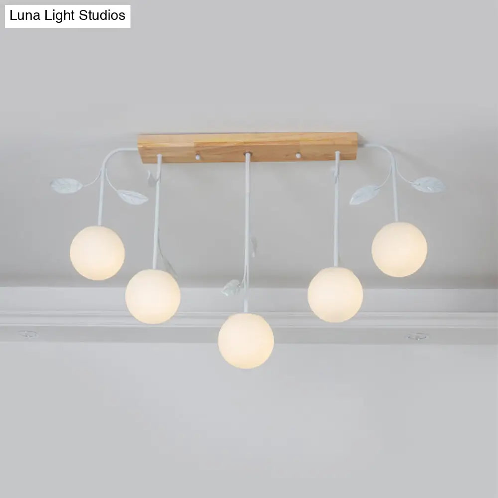 3/5 Light Orb Island Ceiling Lamp With Milky Glass & Wooden Canopy - Modern Simple Design