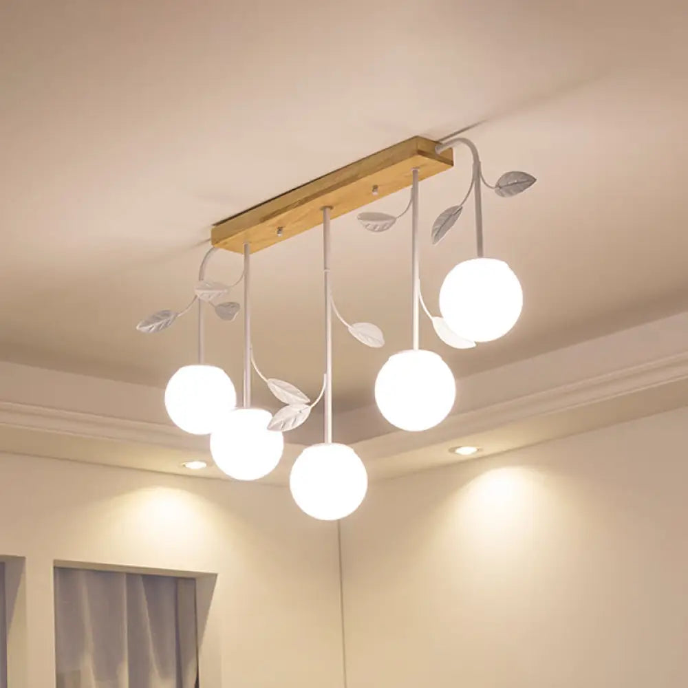 3/5 Light Orb Island Ceiling Lamp With Milky Glass & Wooden Canopy - Modern Simple Design 5 / Wood