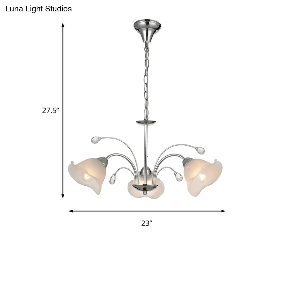 3/5-Light White Glass Pendant Chandelier - Traditional Chrome Flared Kitchen Ceiling Fixture