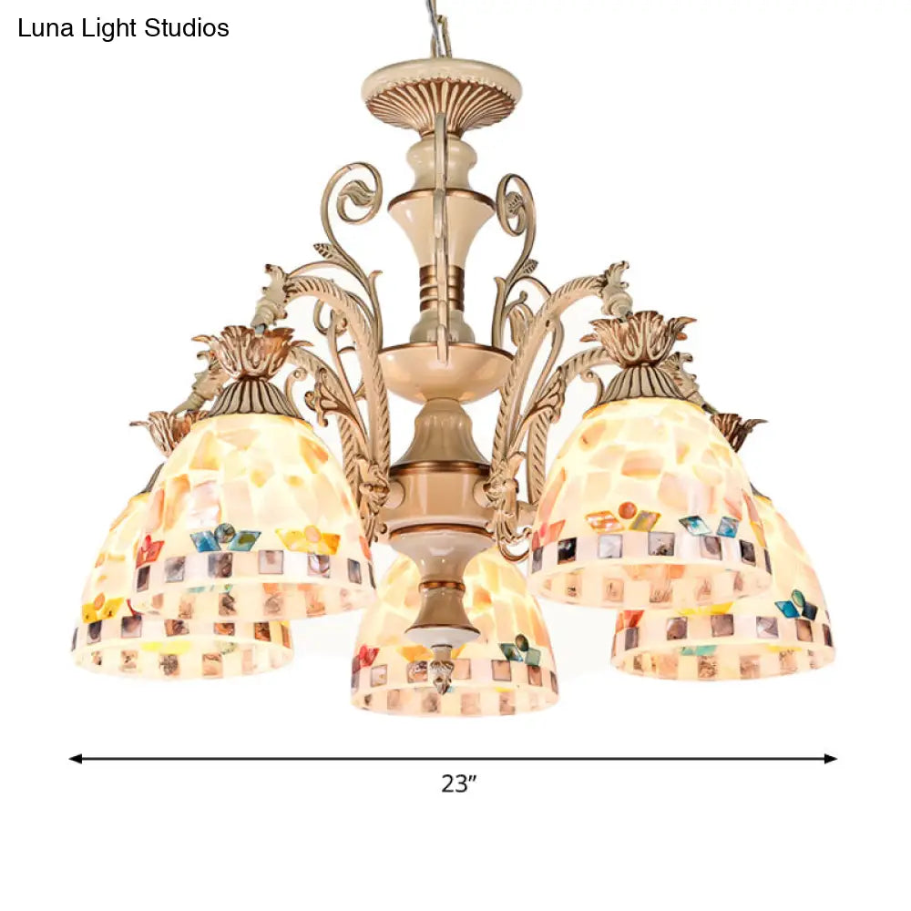 Tiffany Style Stained Glass Chandelier Pendant Light - White & Gold Finish 3/5 Lights Mosaic Hanging