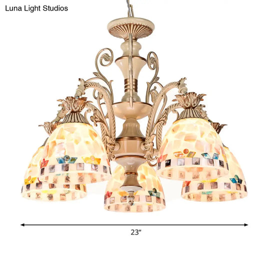 Tiffany Style Stained Glass Chandelier Pendant Light - White & Gold Finish 3/5 Lights Mosaic Hanging