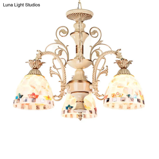 3/5 Lights Chandelier Pendant Light - White And Gold Tiffany Style Stained Glass Mosaic Hanging