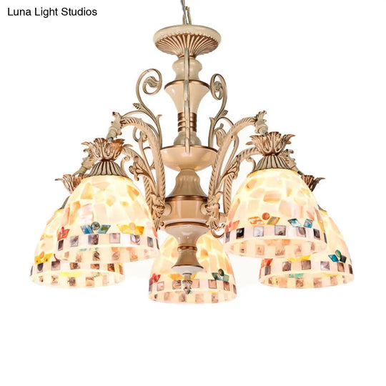 Tiffany Style Stained Glass Chandelier Pendant Light - White & Gold Finish 3/5 Lights Mosaic Hanging