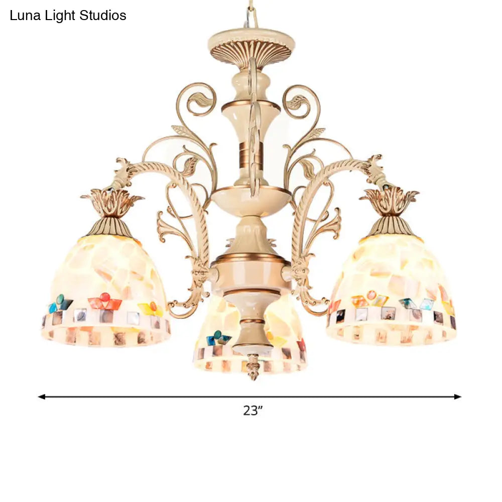 Tiffany Style Stained Glass Chandelier Pendant Light - White & Gold Finish 3/5 Lights Mosaic Hanging