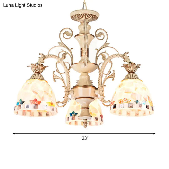 Tiffany Style Stained Glass Chandelier Pendant Light - White & Gold Finish 3/5 Lights Mosaic Hanging