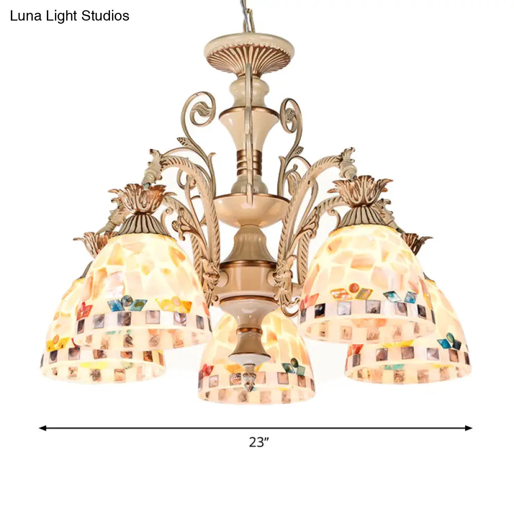 3/5 Lights Chandelier Pendant Light - White And Gold Tiffany Style Stained Glass Mosaic Hanging