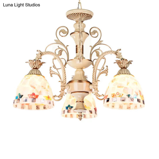 Tiffany Style Stained Glass Chandelier Pendant Light - White & Gold Finish 3/5 Lights Mosaic Hanging