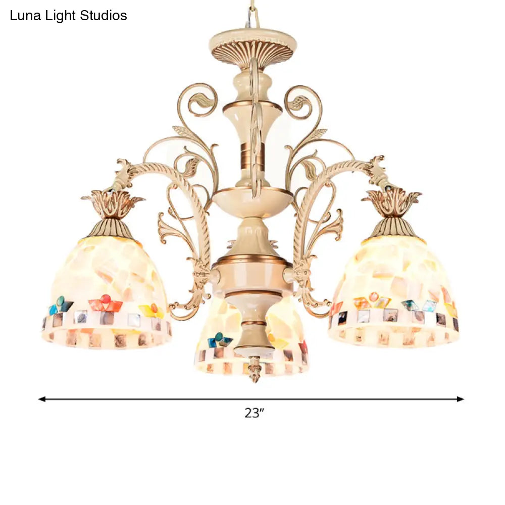 3/5 Lights Chandelier Pendant Light - White And Gold Tiffany Style Stained Glass Mosaic Hanging