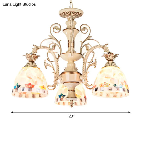 3/5 Lights Chandelier Pendant Light - White And Gold Tiffany Style Stained Glass Mosaic Hanging