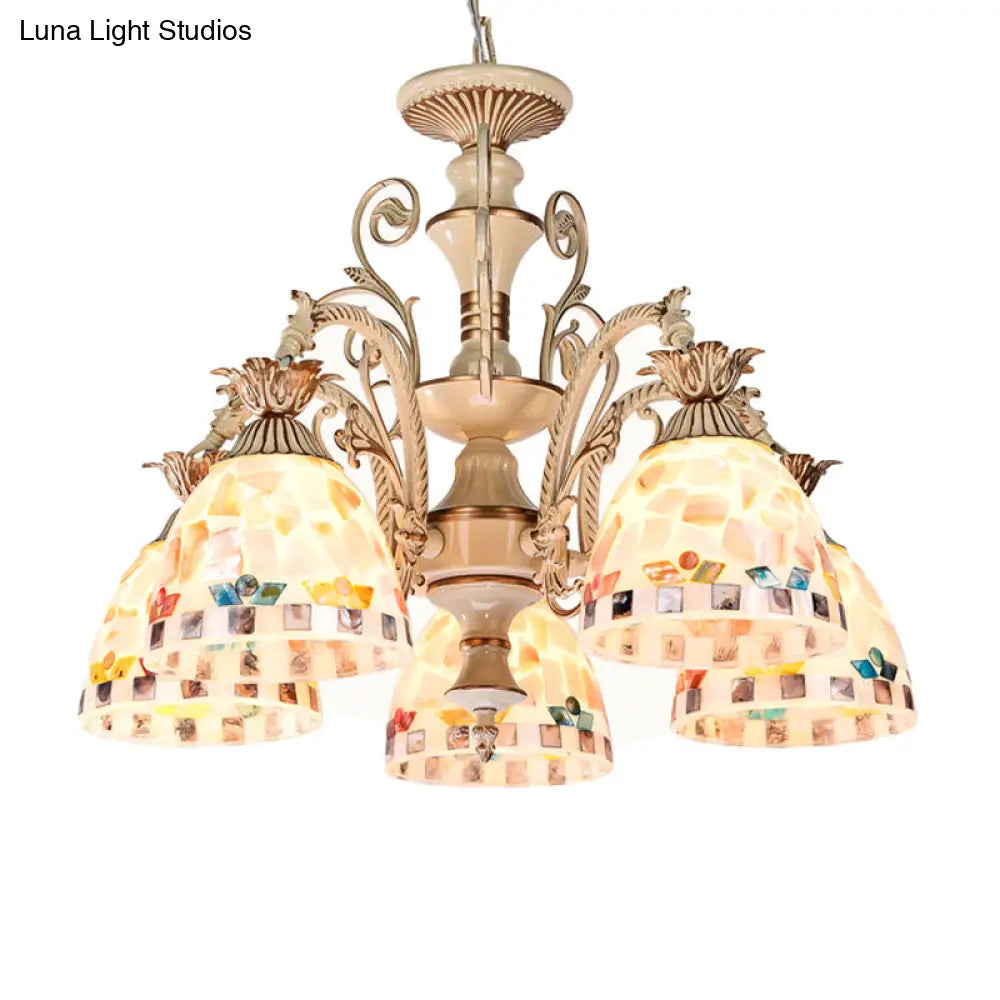 3/5 Lights Chandelier Pendant Light - White And Gold Tiffany Style Stained Glass Mosaic Hanging