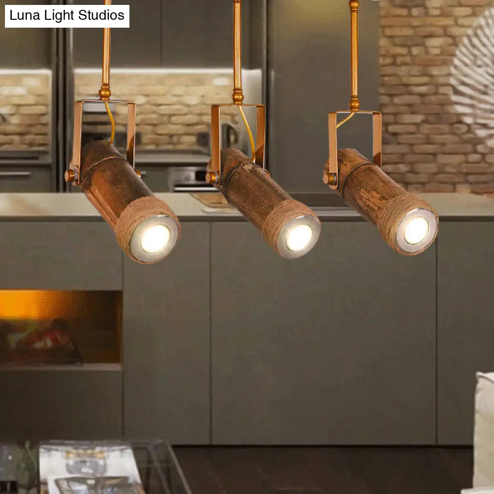 3/6 Bulbs Bamboo Tube Island Pendant - Brown Iron Suspension Lighting With Hemp Rope