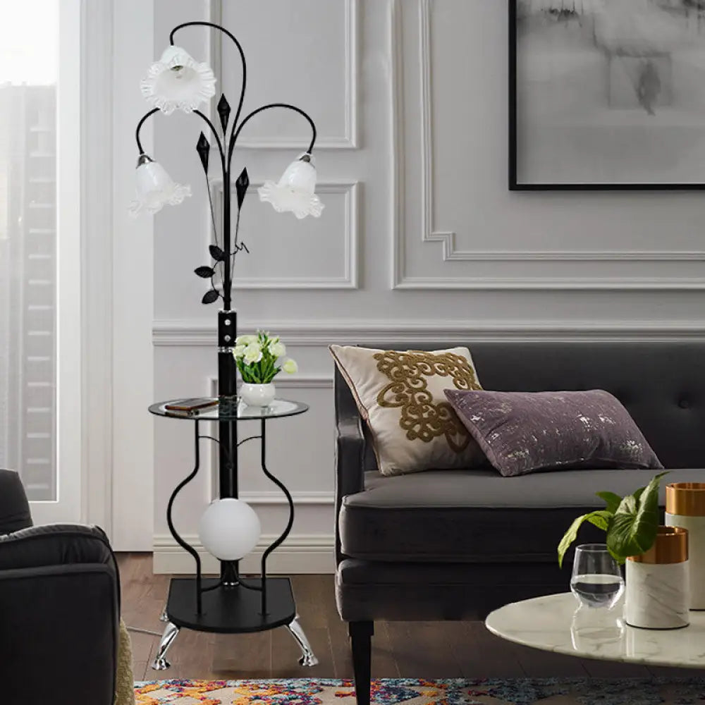 3-Bulb Countryside Metal Floor Light: Elegant Black/White Standing Lamp With Floral Glass Shade