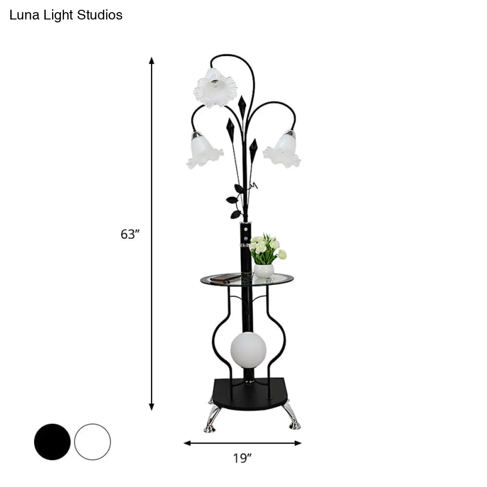 3-Bulb Countryside Metal Floor Light: Elegant Black/White Standing Lamp With Floral Glass Shade