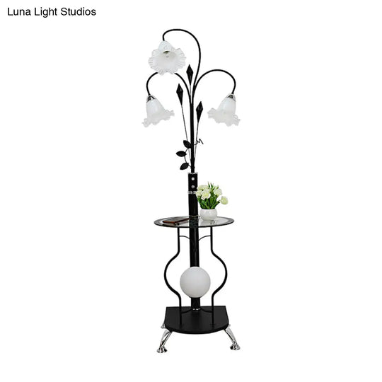 3-Bulb Countryside Metal Floor Light: Elegant Black/White Standing Lamp With Floral Glass Shade