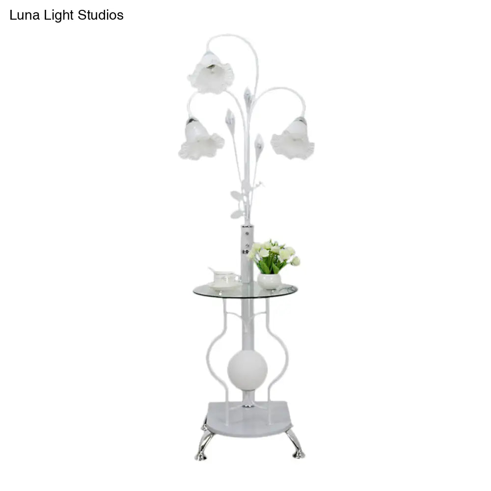 3-Bulb Countryside Metal Floor Light: Elegant Black/White Standing Lamp With Floral Glass Shade