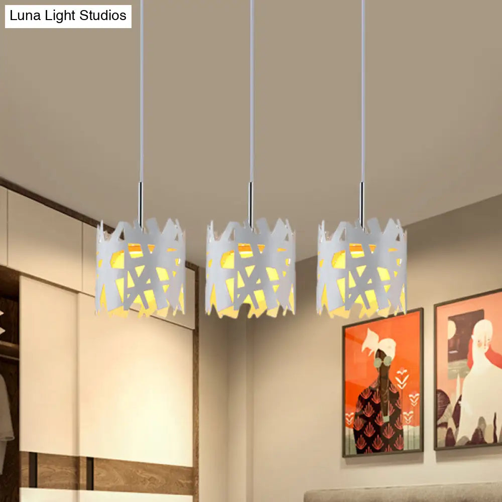 Modernist White Pendant Light With Hollow-Out Iron Shade - 3 Bulbs- Ideal For Living Room Linear