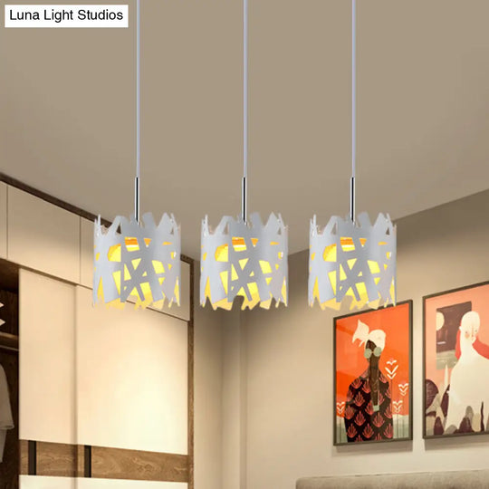 Modernist White Pendant Light With Hollow-Out Iron Shade - 3 Bulbs- Ideal For Living Room Linear