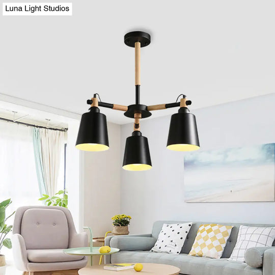 3-Bulb Nordic Hanging Chandelier - Bedroom Tapered Shade Iron And Wood Ceiling Lamp