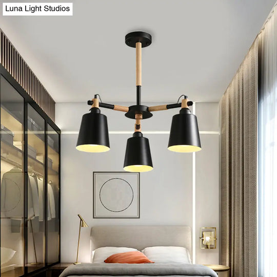 3-Bulb Nordic Hanging Chandelier - Bedroom Tapered Shade Iron And Wood Ceiling Lamp