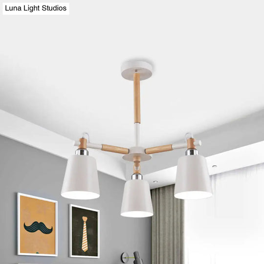 3-Bulb Nordic Hanging Chandelier - Bedroom Tapered Shade Iron And Wood Ceiling Lamp