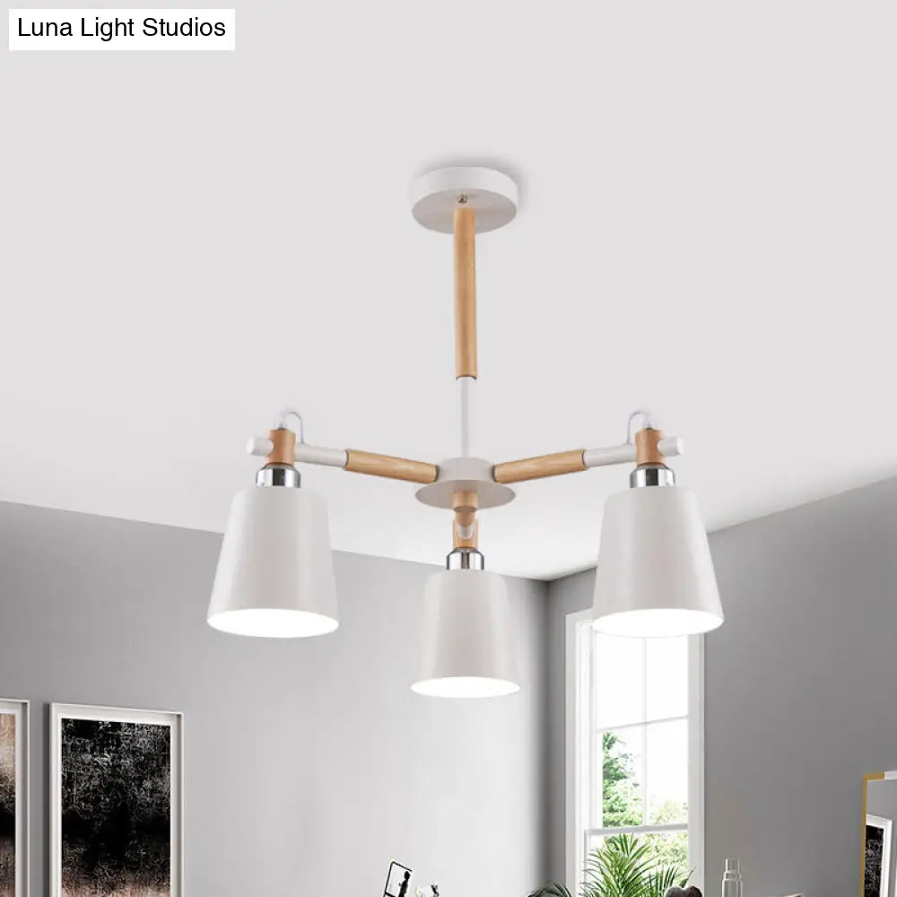 3-Bulb Nordic Hanging Chandelier - Bedroom Tapered Shade Iron And Wood Ceiling Lamp