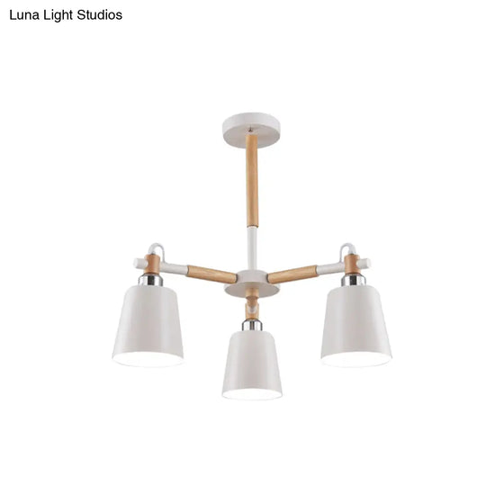 3-Bulb Nordic Hanging Chandelier - Bedroom Tapered Shade Iron And Wood Ceiling Lamp