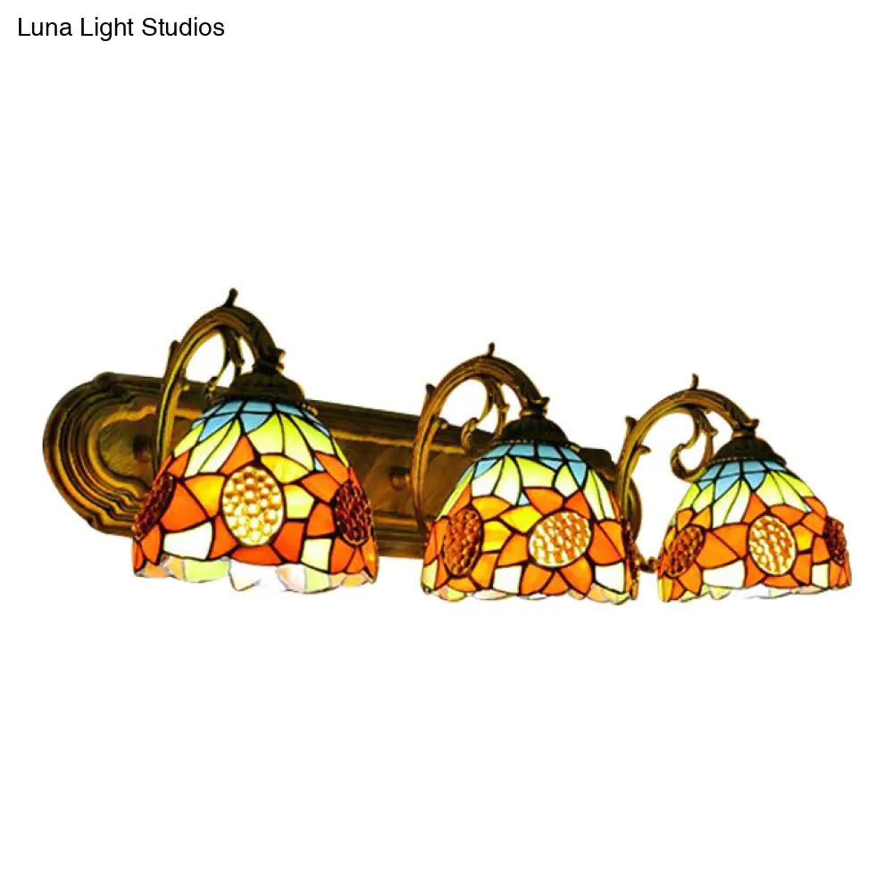 3-H Header Orange Vanity Wall Lighting Lodge Tiffany Stained Glass With Yellow Flower/Sunflower