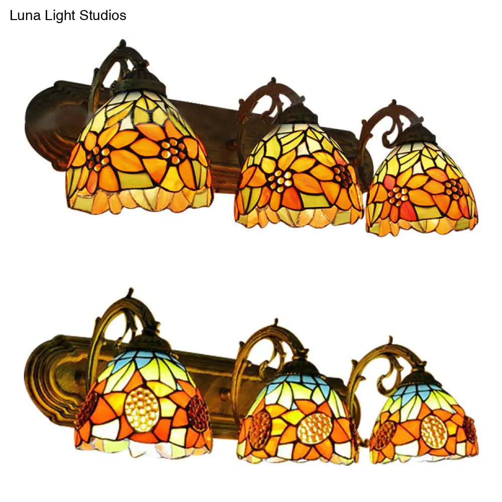 3-H Header Orange Vanity Wall Lighting Lodge Tiffany Stained Glass With Yellow Flower/Sunflower